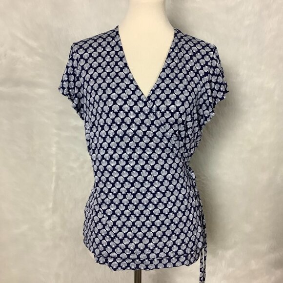 Hobbs London Blue & White Seashell Print Short Sleeve Nessie Wrap Top UK L - Picture 1 of 8